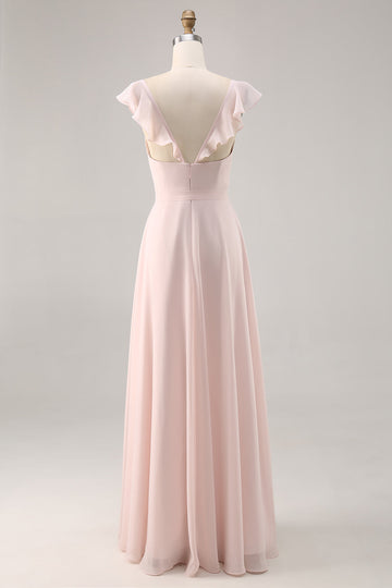 Candy Pink Cap Sleeves Ruched Long Bridesmaid Dress with Sash